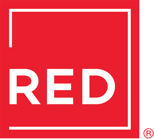 A red square with the word "RED" in bold white letters inside, framed by a white outline with an open top left corner, and a registered trademark symbol in the lower right—adding a touch of modern style perfect for any Home décor.